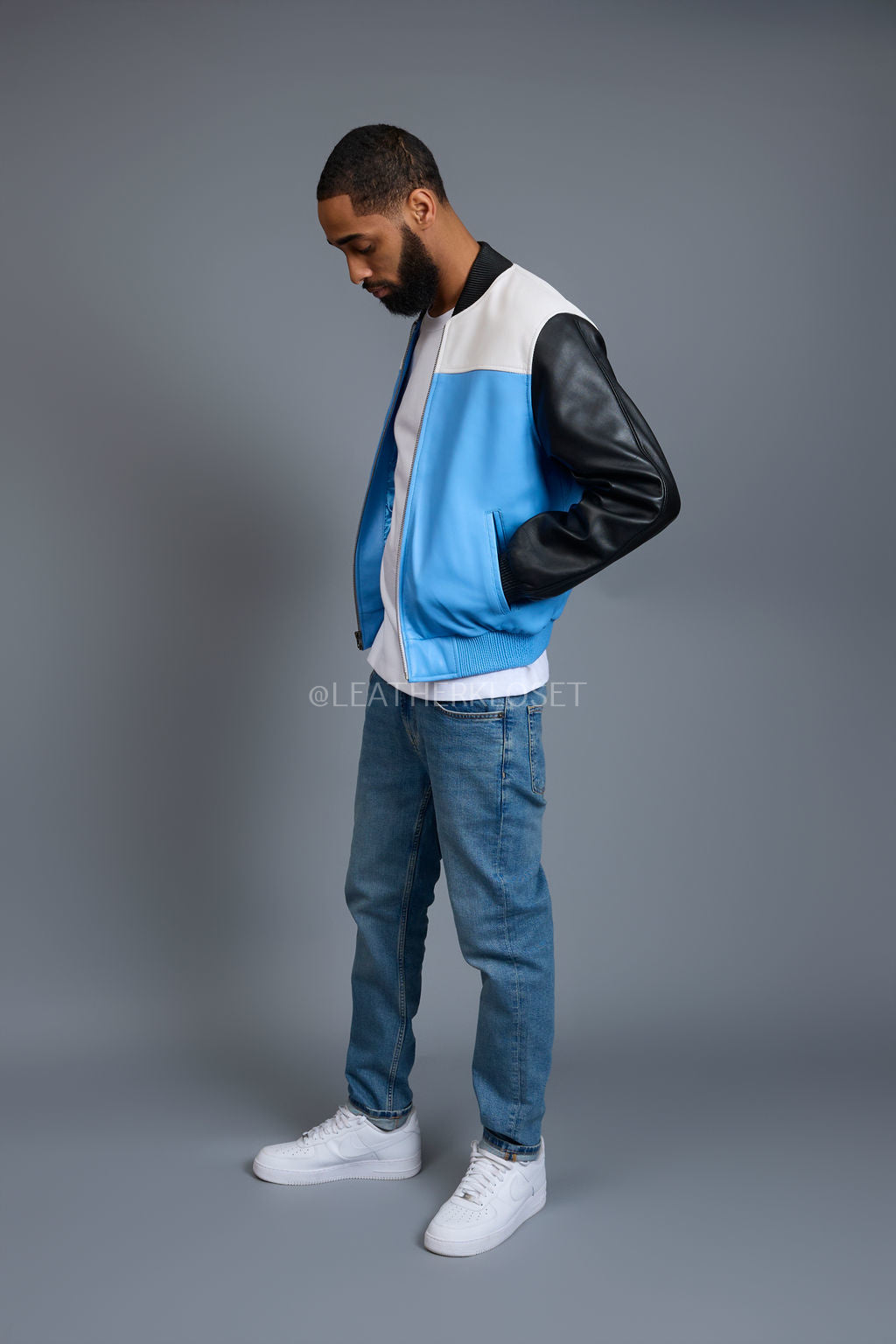 Men's Baseball Multi Color Jacket [Baby Blue/White/Black]