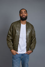 Men's Classic Baseball Leather Jacket Olive Green