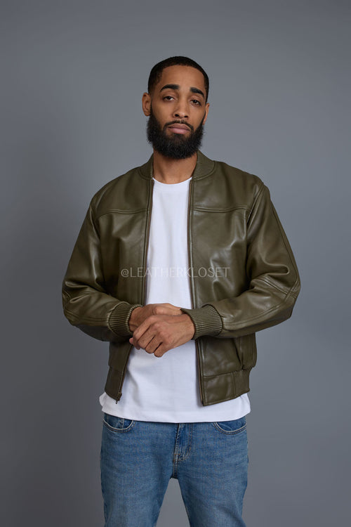 Men's Classic Baseball Leather Jacket Olive Green