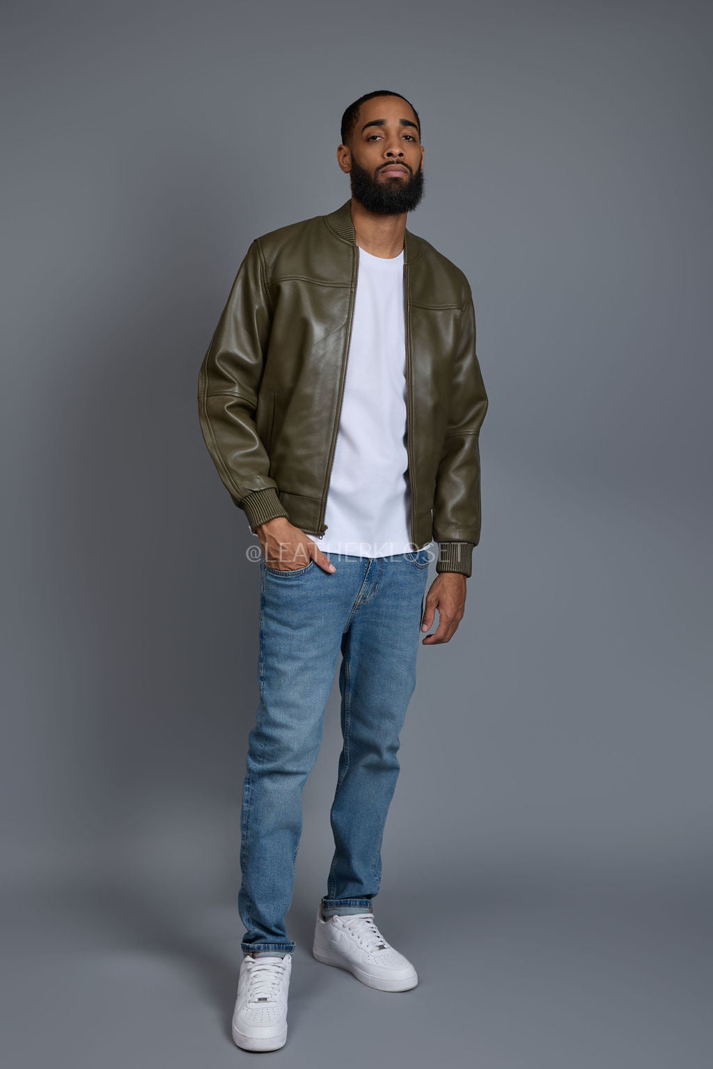 Men's Classic Baseball Leather Jacket Olive Green