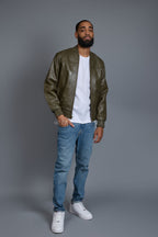 Men's Classic Baseball Leather Jacket Olive Green