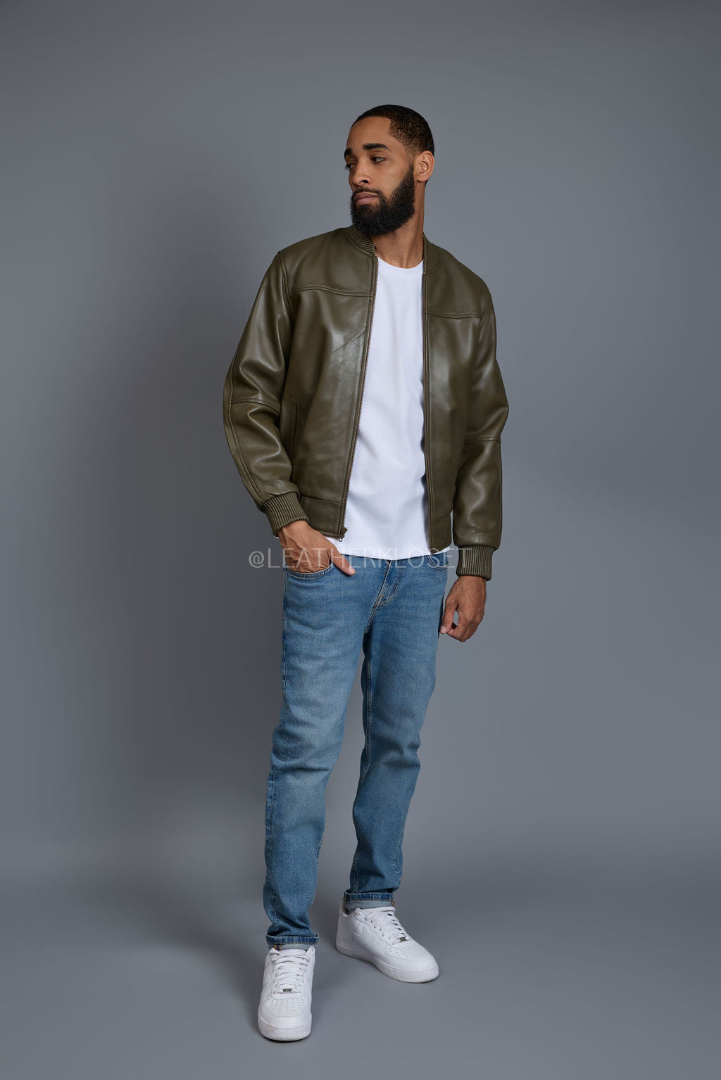 Men's Classic Baseball Leather Jacket Olive Green