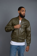 Men's Classic Baseball Leather Jacket Olive Green