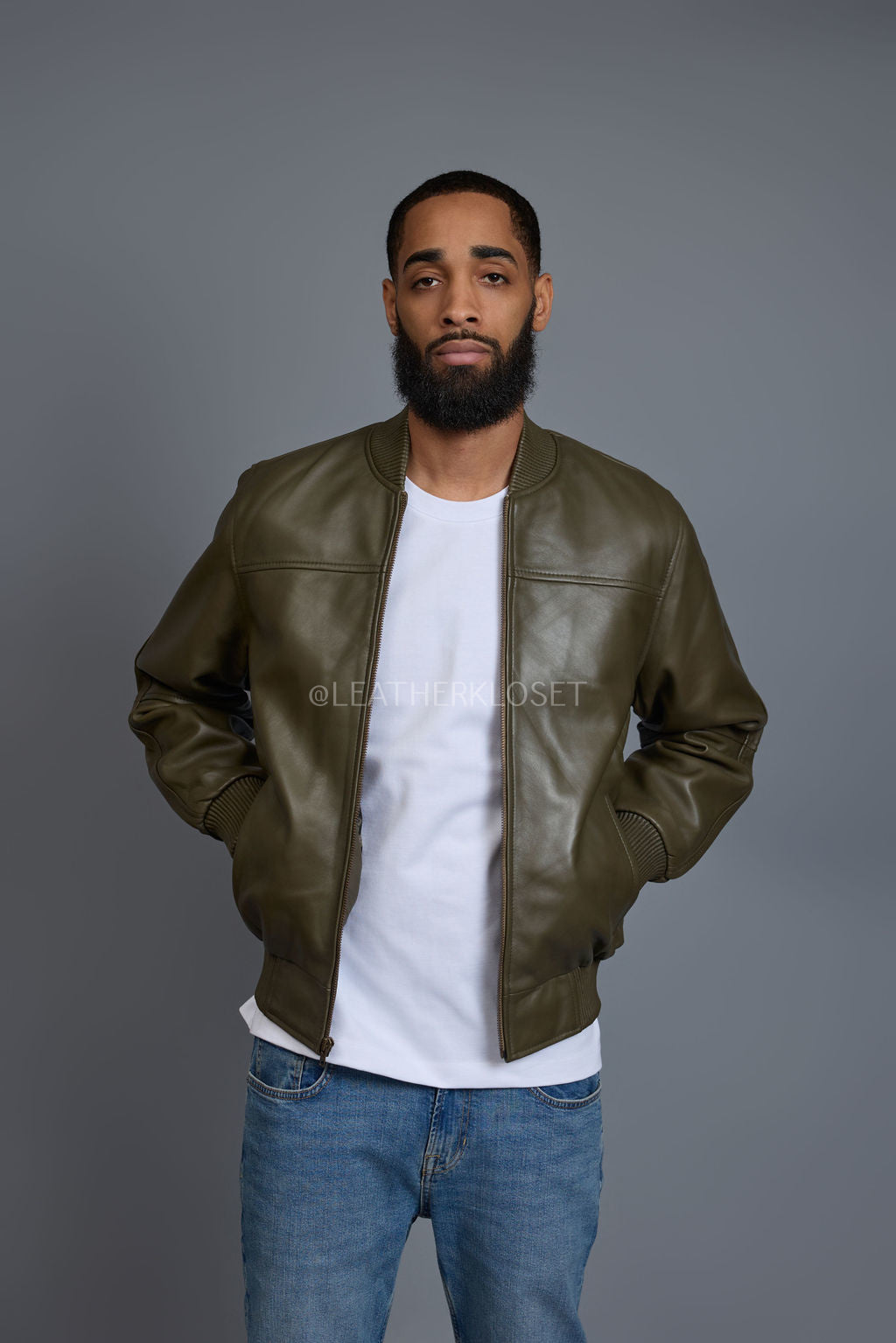 Men's Classic Baseball Leather Jacket Olive Green