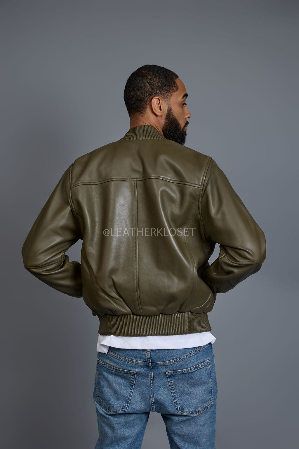 Men's Classic Baseball Leather Jacket Olive Green