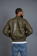 Men's Classic Baseball Leather Jacket Olive Green