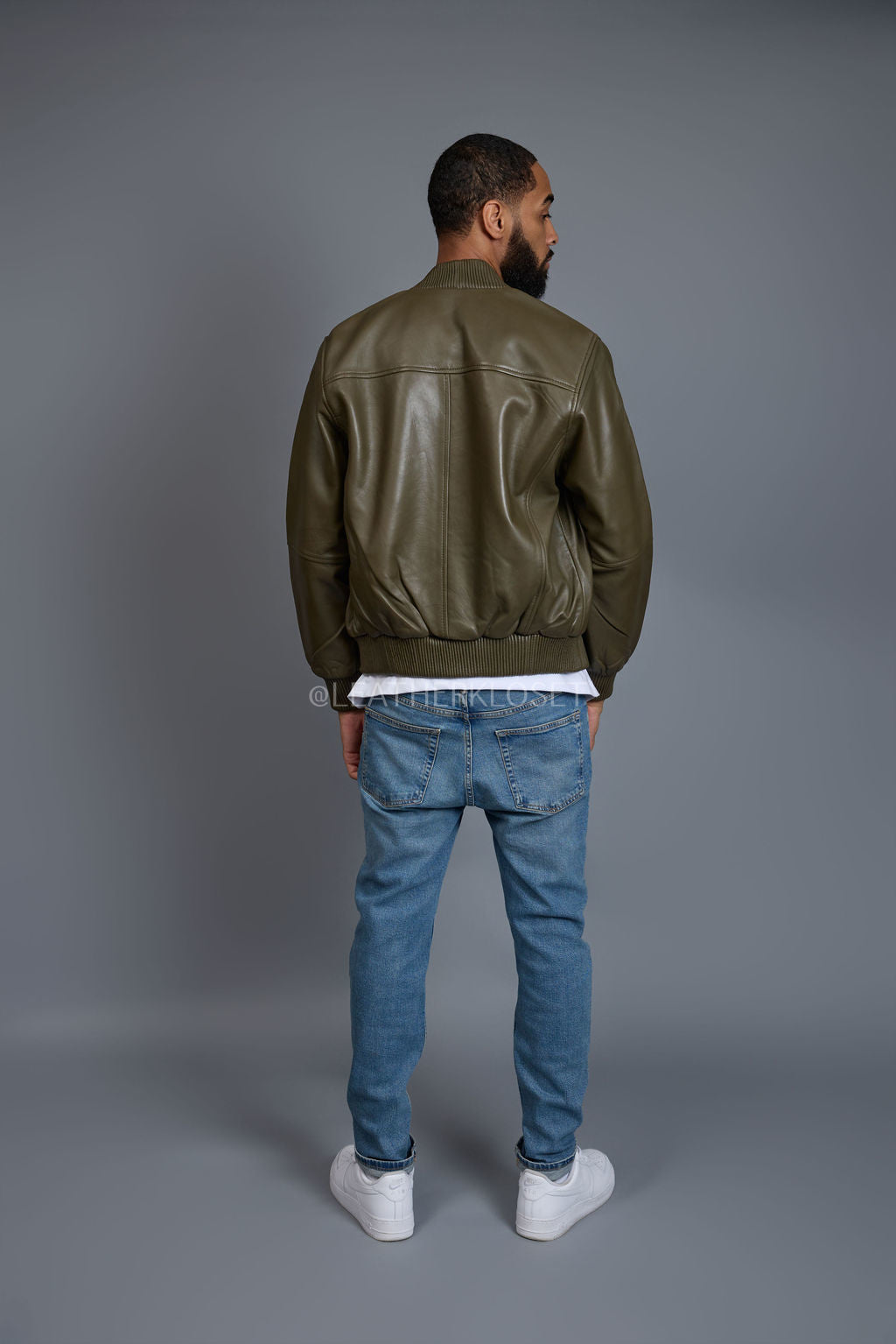 Men's Classic Baseball Leather Jacket Olive Green