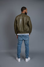 Men's Classic Baseball Leather Jacket Olive Green
