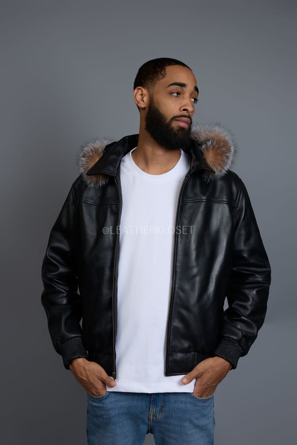 Men's Classic Baseball Jacket With Fox Hood [Black/Crystal Fox]