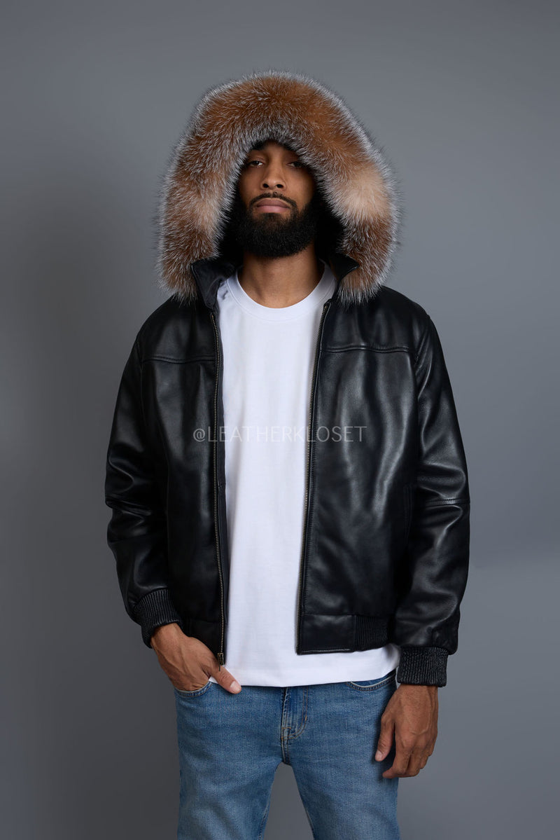Men's Classic Baseball Jacket With Fox Hood [Black/Crystal Fox]