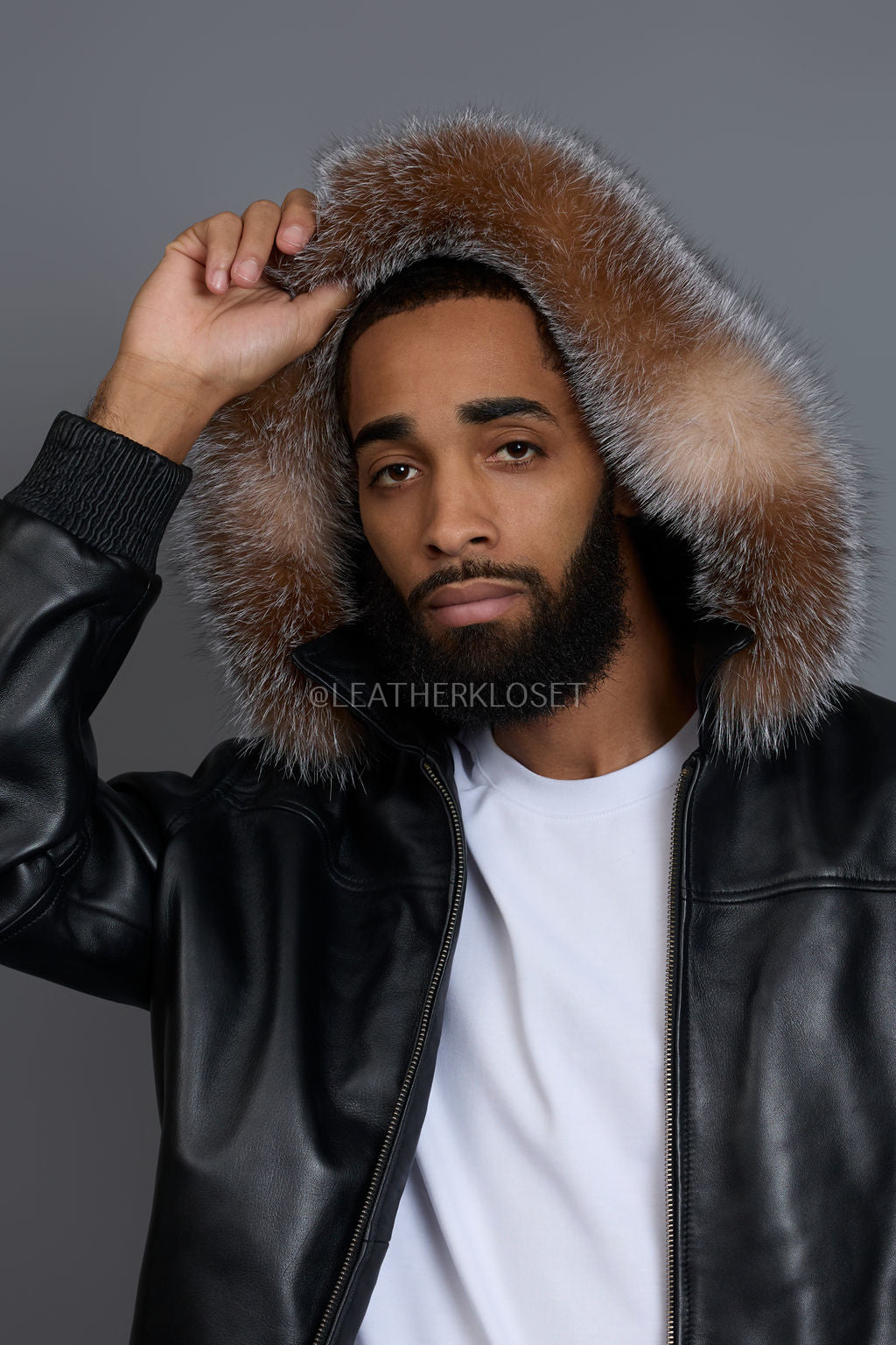 Men's Classic Baseball Jacket With Fox Hood [Black/Crystal Fox]