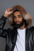 Men's Classic Baseball Jacket With Fox Hood [Black/Crystal Fox]