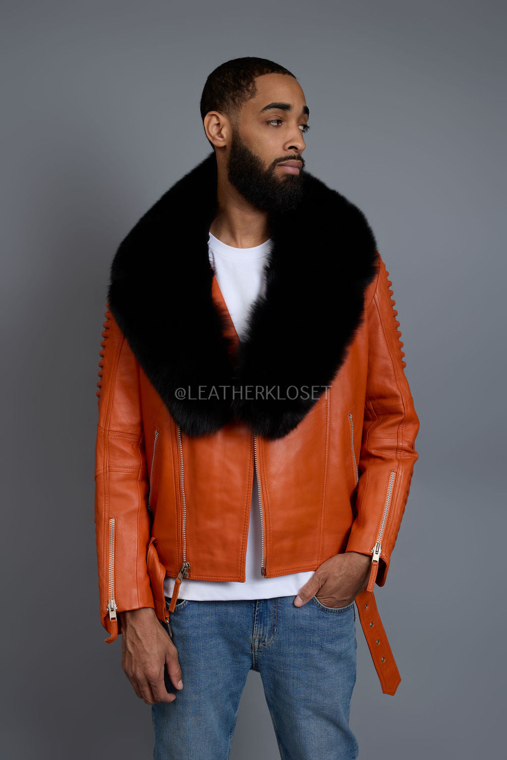 Men's Trey Biker Full Fox Fur Collar [Black Fox]