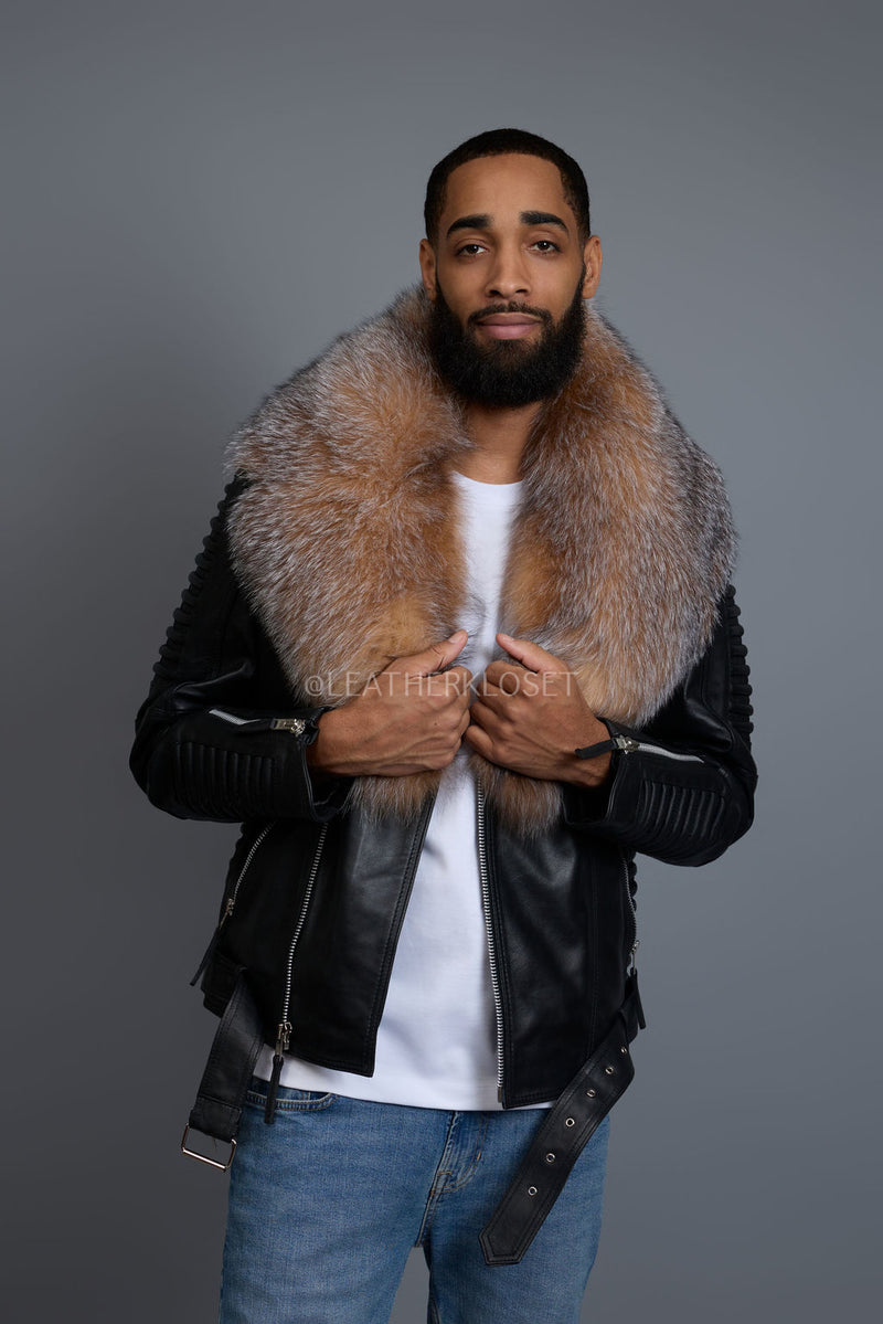 Men's Trey Biker Black Leather Full Fox Fur Collar [Crystal Fox]