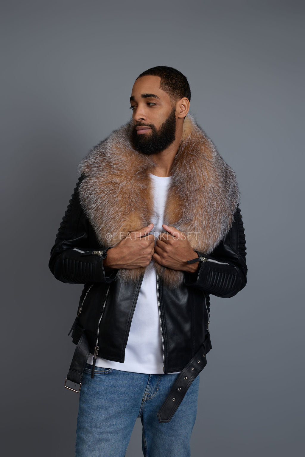 Men's Trey Biker Black Leather Full Fox Fur Collar [Crystal