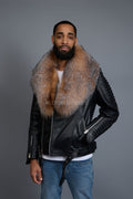 Men's Trey Biker Black Leather Full Fox Fur Collar [Crystal Fox]