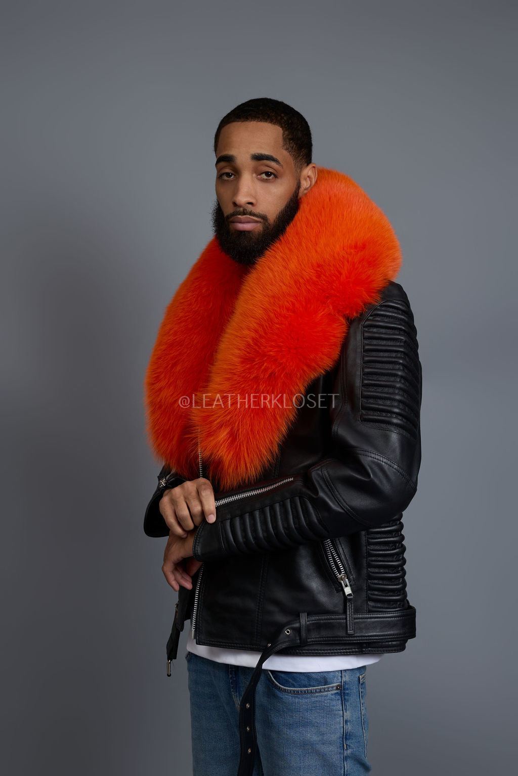 Men's Trey Biker Black Full Fox Fur Collar [Orange Fox]