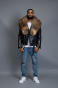 Men's Trey Biker Black Leather Full Fox Fur Collar [Raccoon Fur]