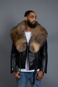Men's Trey Biker Black Leather Full Fox Fur Collar [Raccoon Fur]