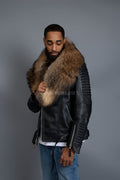Men's Trey Biker Black Leather Full Fox Fur Collar [Raccoon Fur]