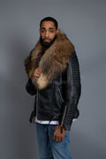 Men's Trey Biker Black Leather Full Fox Fur Collar [Raccoon Fur]