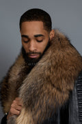 Men's Trey Biker Black Leather Full Fox Fur Collar [Raccoon Fur]