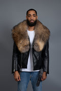 Men's Trey Biker Black Leather Full Fox Fur Collar [Raccoon Fur]