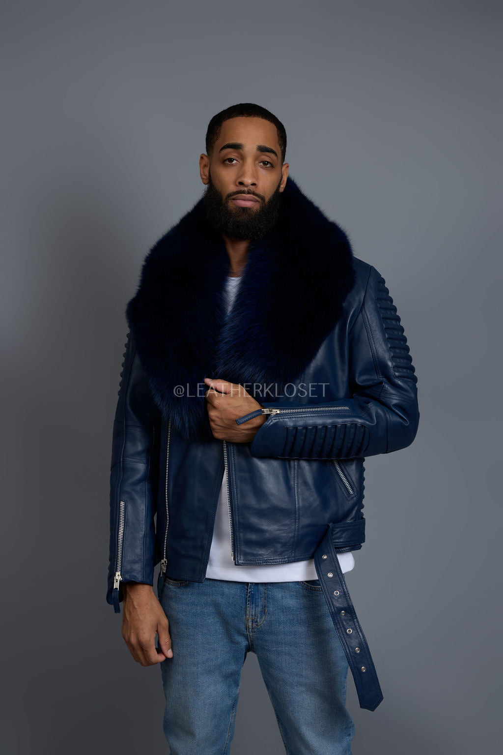 Men's Trey Biker Navy Full Fox Fur Collar [Navy Fox]