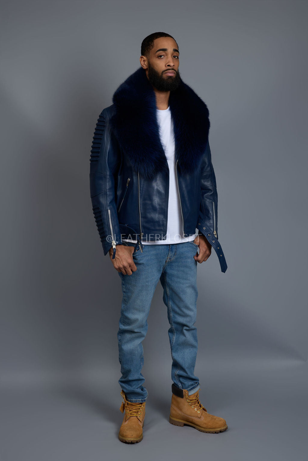 Men's Trey Biker Navy Full Fox Fur Collar [Navy Fox]