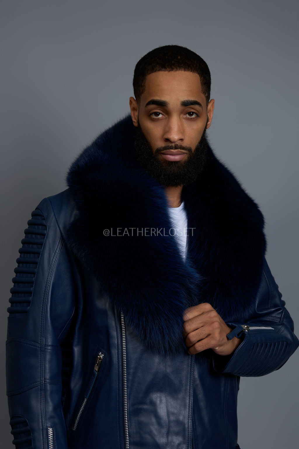 Men's Trey Biker Navy Full Fox Fur Collar [Navy Fox]