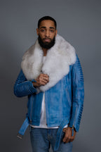 Men's Trey Biker Denim Leather Full Fox Fur Collar [Natural White]