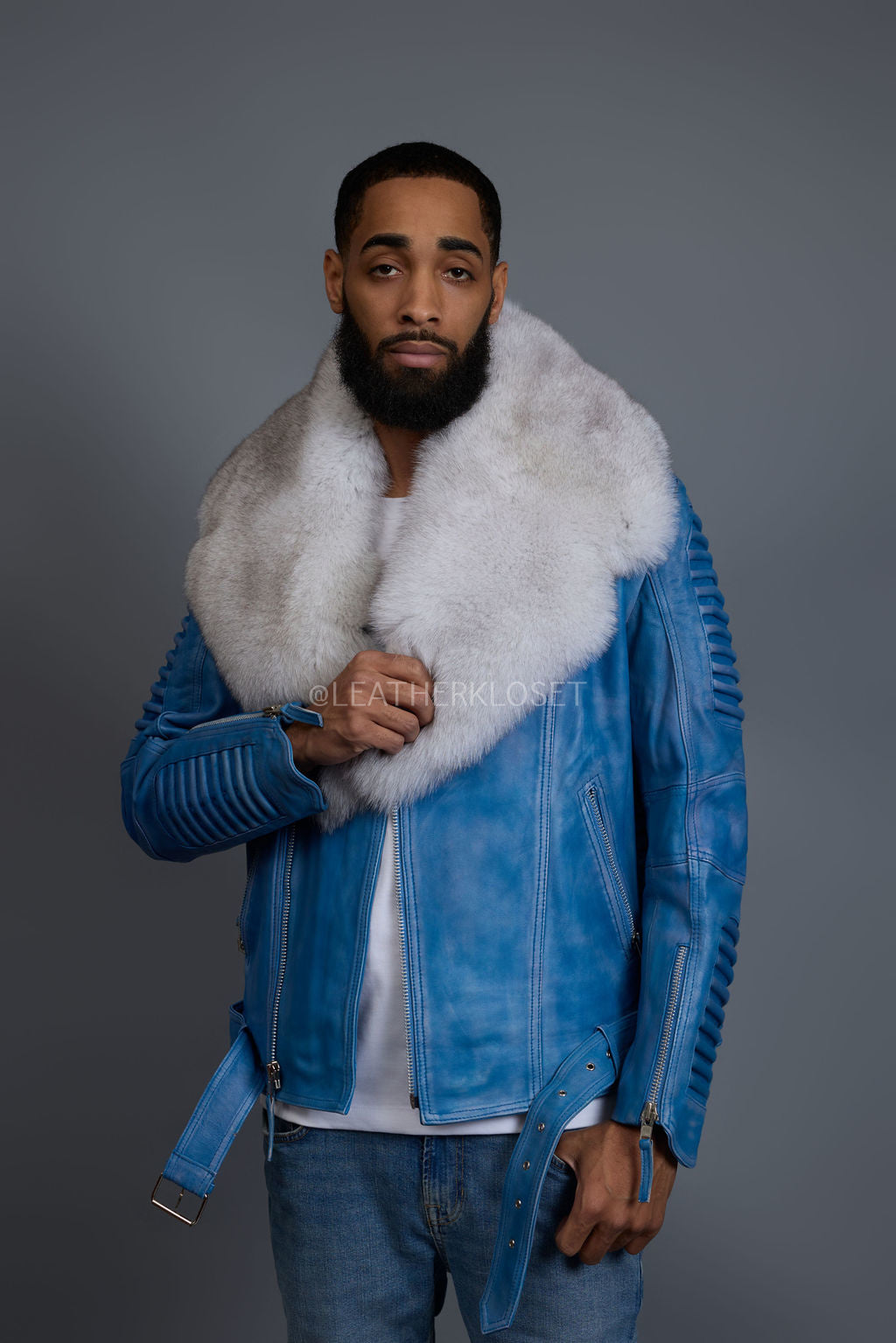 Men's Trey Biker Denim Leather Full Fox Fur Collar [Natural White]