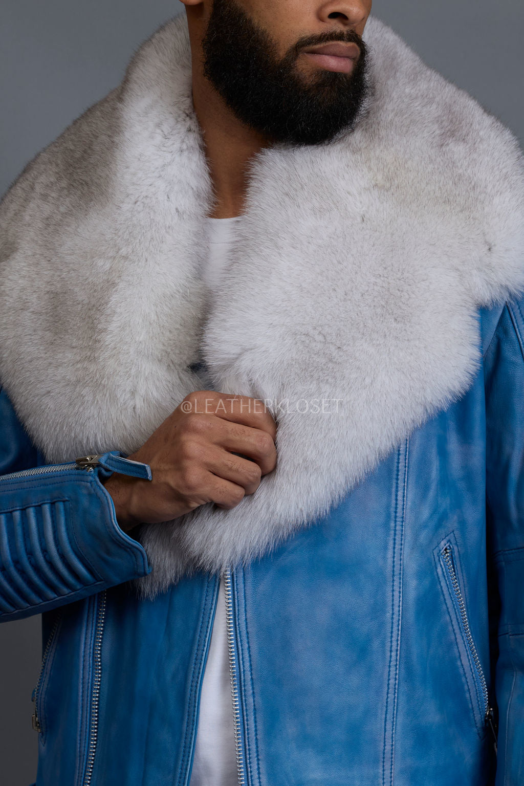 Men's Trey Biker Denim Leather Full Fox Fur Collar [Natural White]
