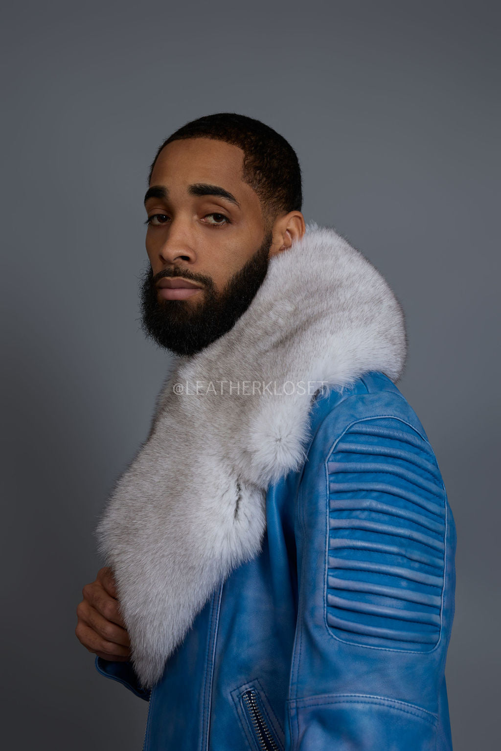 Men's Trey Biker Denim Leather Full Fox Fur Collar [Natural White]