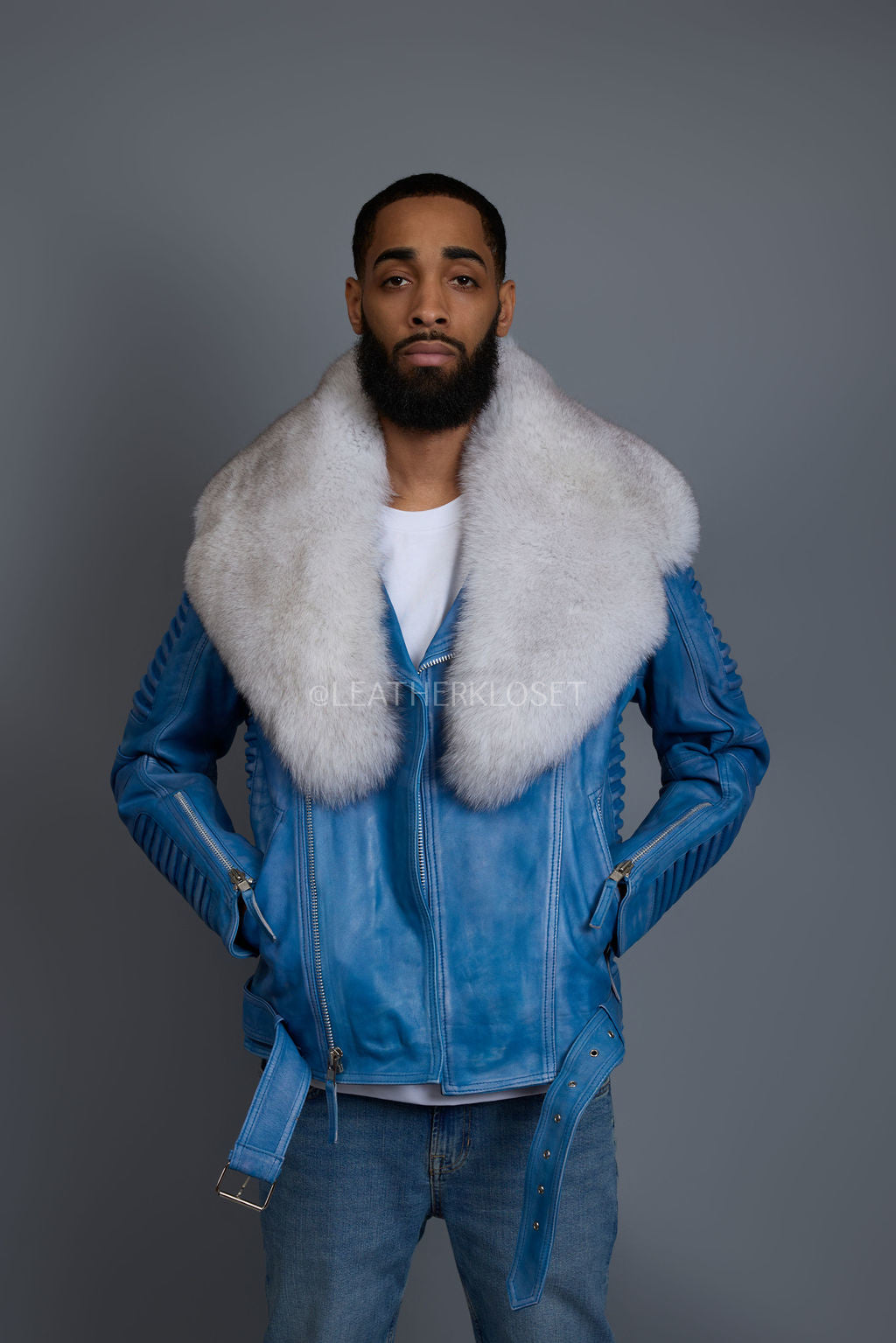 Men's Trey Biker Denim Leather Full Fox Fur Collar [Natural White]