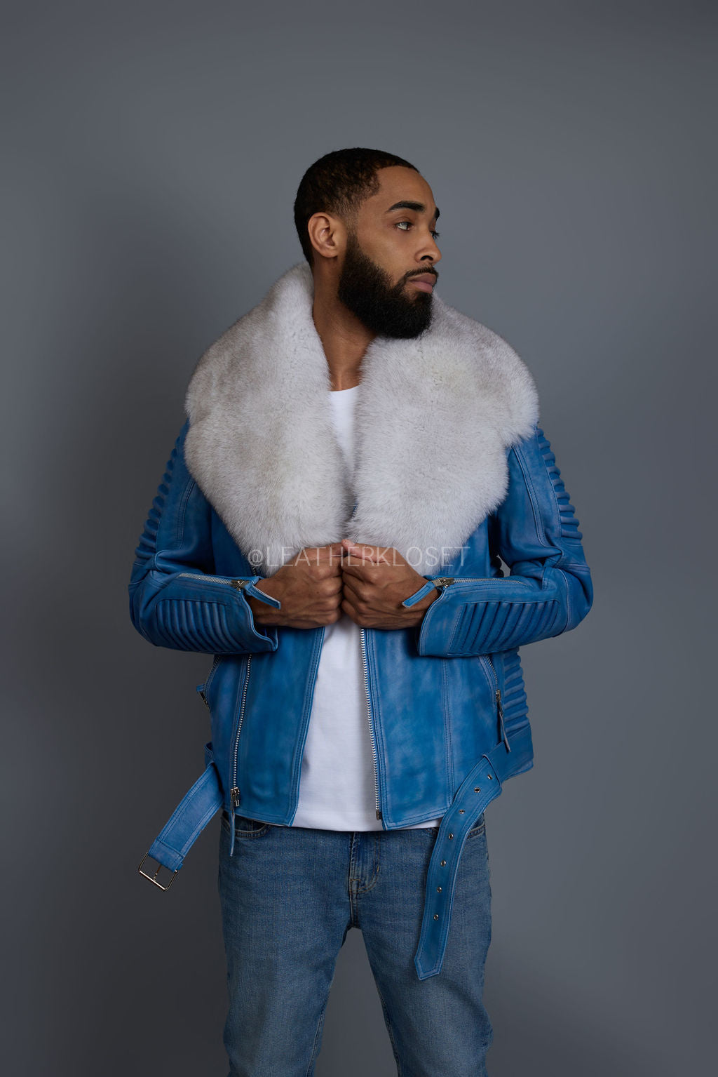 Men's Trey Biker Denim Leather Full Fox Fur Collar [Natural White]