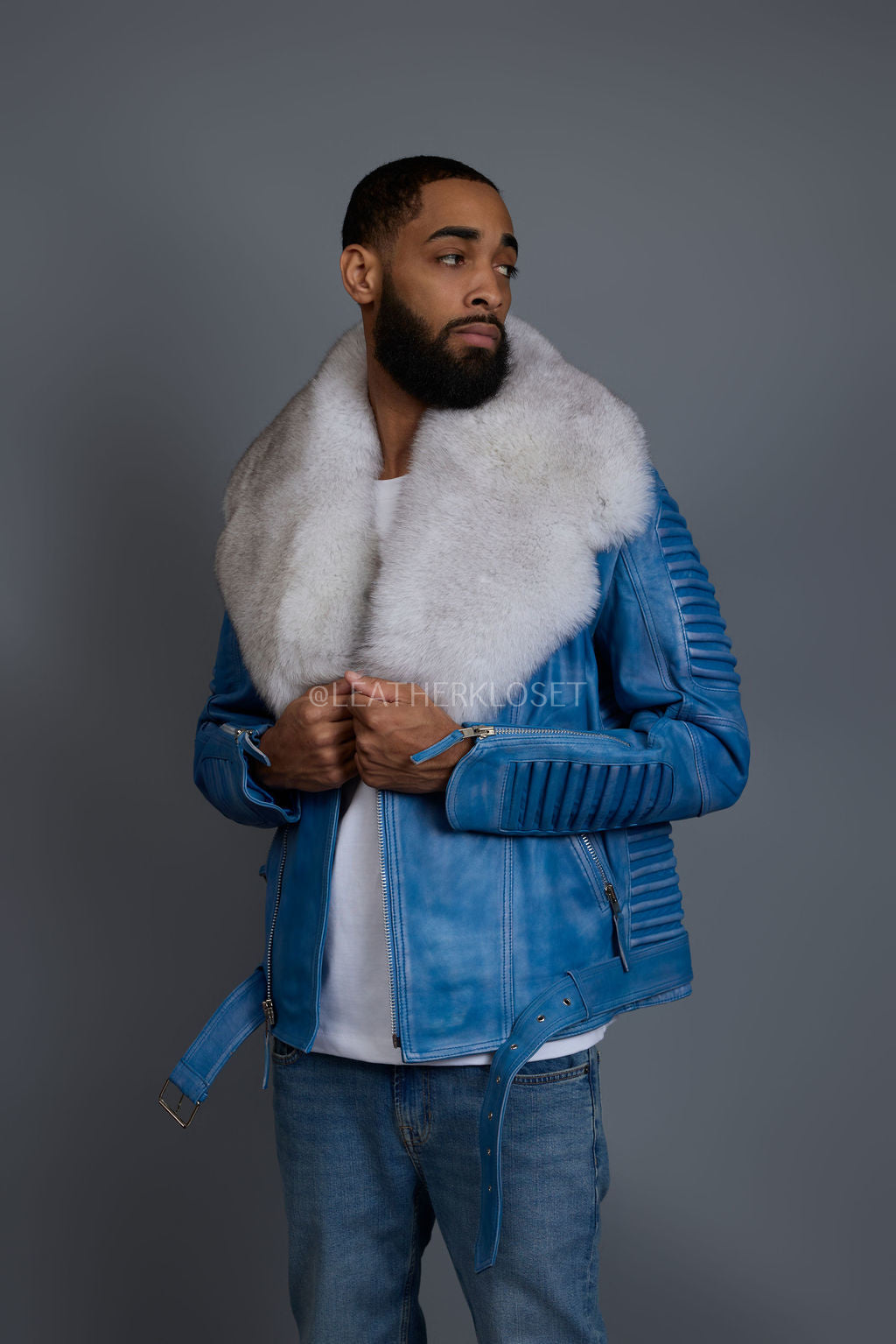 Men's Trey Biker Denim Leather Full Fox Fur Collar [Natural White]