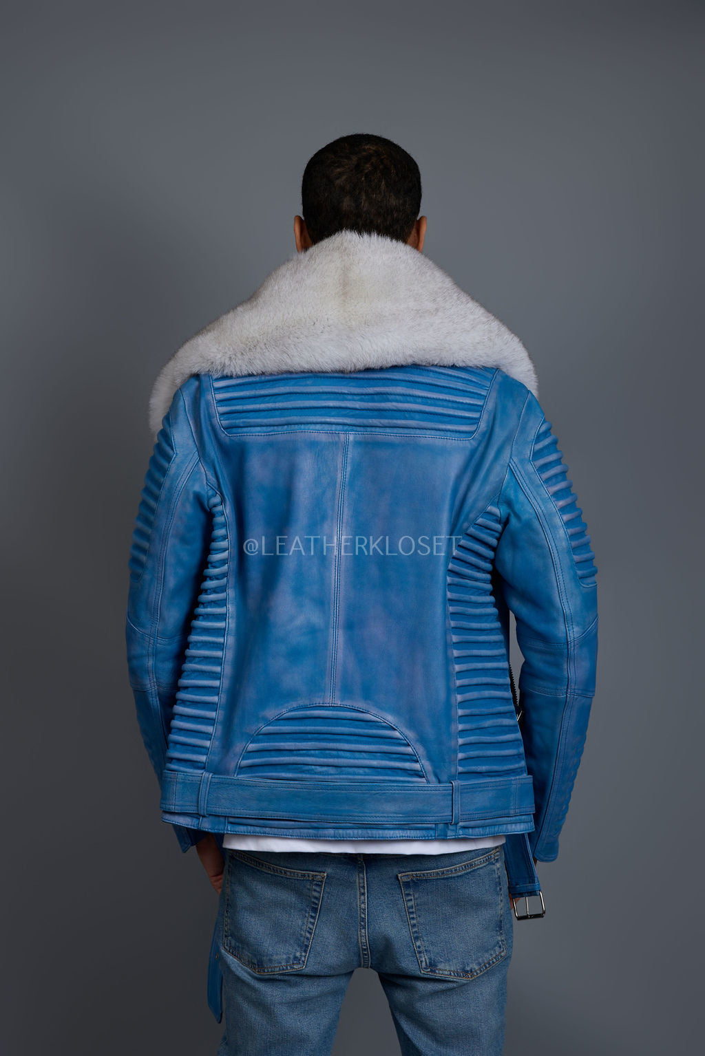 Men's Trey Biker Denim Leather Full Fox Fur Collar [Natural White]