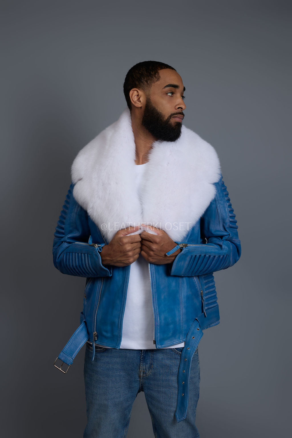 Men's Trey Biker Denim Leather Full Fox Fur Collar