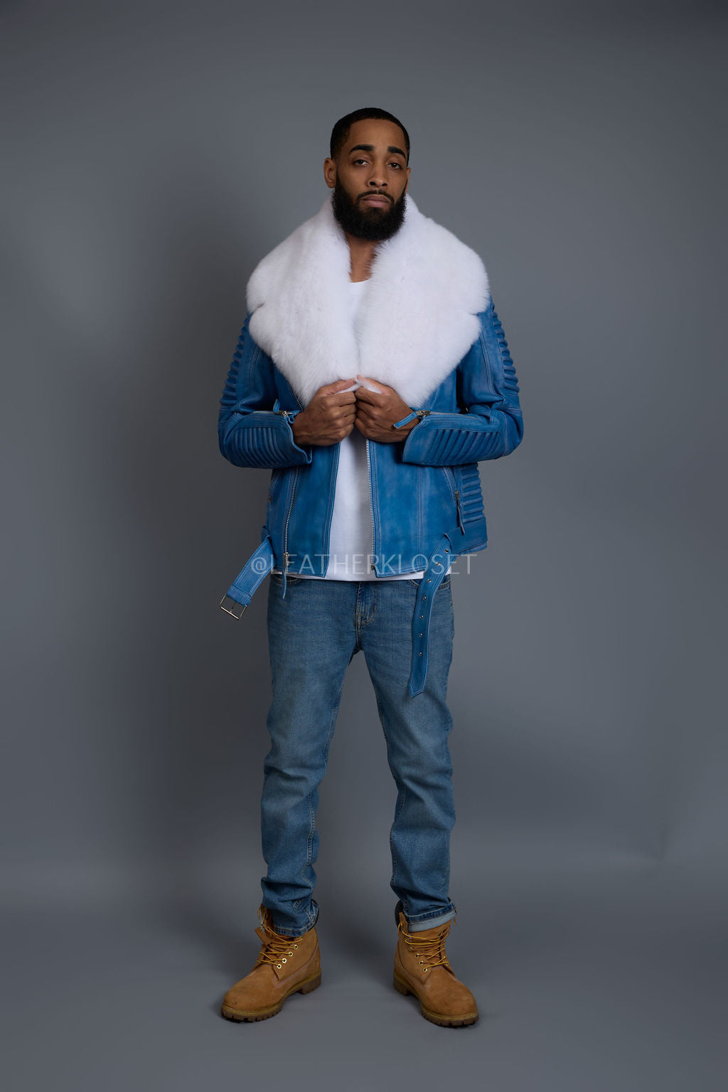 Men's Trey Biker Denim Leather Full Fox Fur Collar