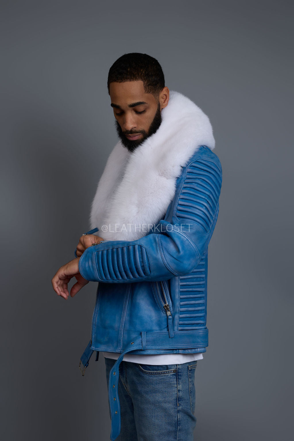 Men's Trey Biker Denim Leather Full Fox Fur Collar