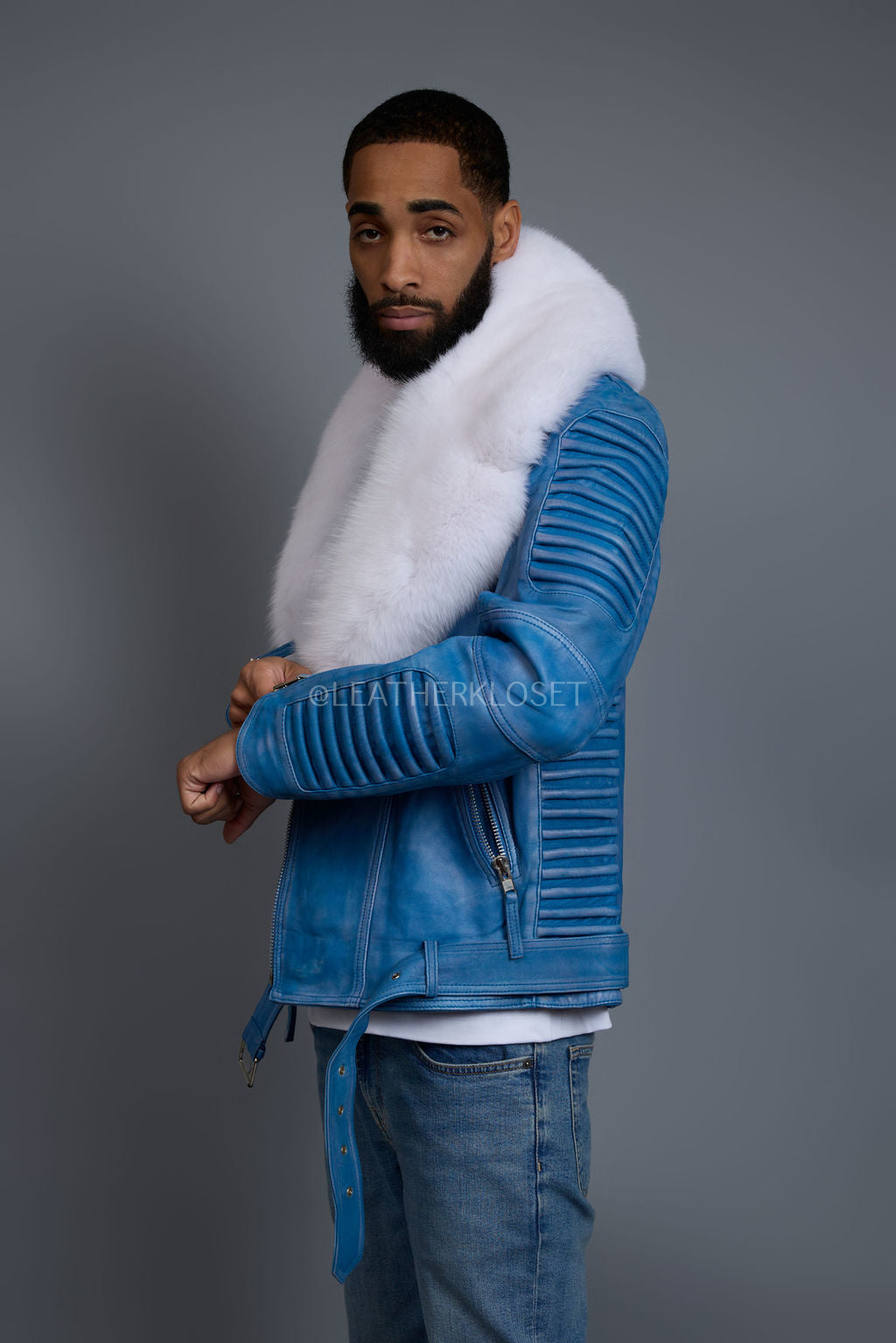 Men's Trey Biker Denim Leather Full Fox Fur Collar