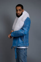 Men's Trey Biker Denim Leather Full Fox Fur Collar