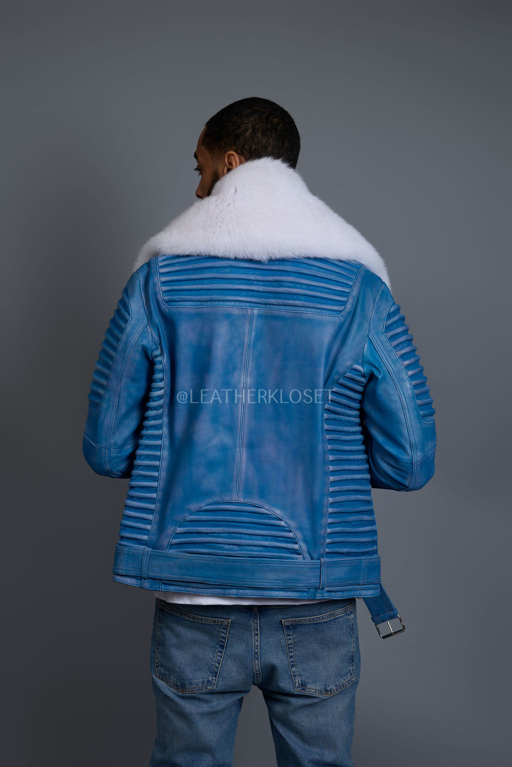 Men's Trey Biker Denim Leather Full Fox Fur Collar