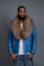 Men's Trey Biker Denim Leather Full Fox Fur Collar [Crystal]