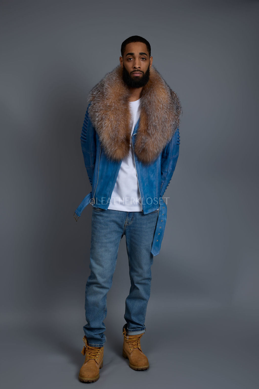 Men's Trey Biker Denim Leather Full Fox Fur Collar [Crystal]