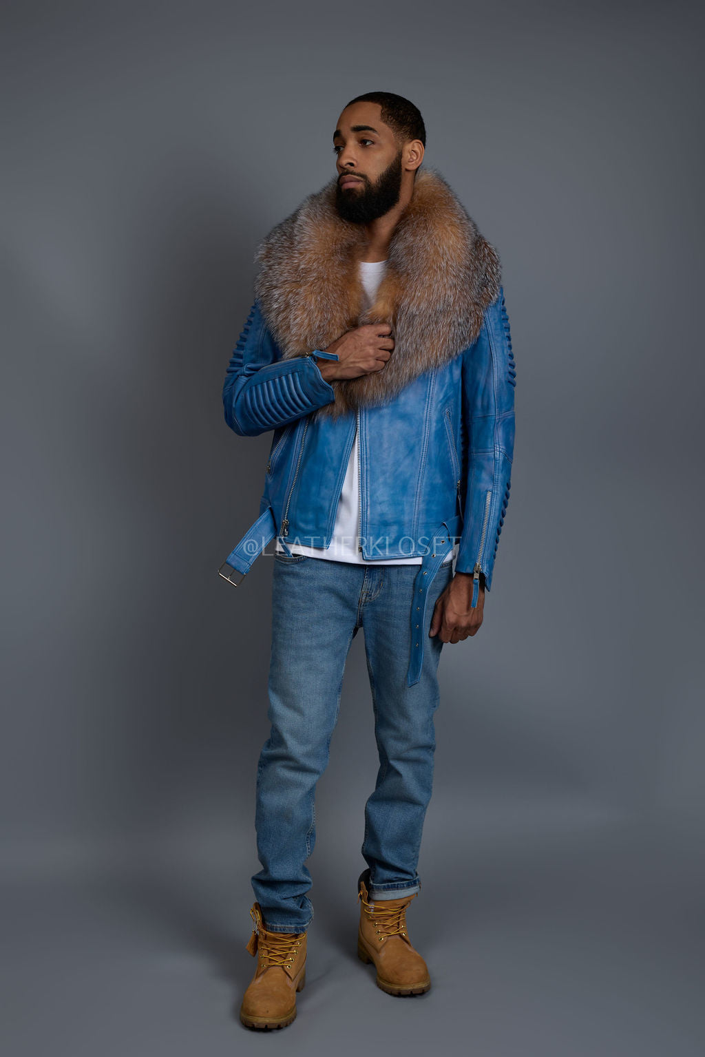 Men's Trey Biker Denim Leather Full Fox Fur Collar [Crystal]