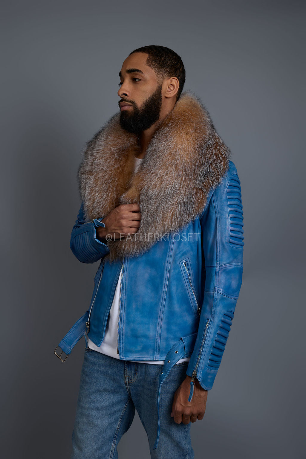 Men's Trey Biker Denim Leather Full Fox Fur Collar [Crystal]