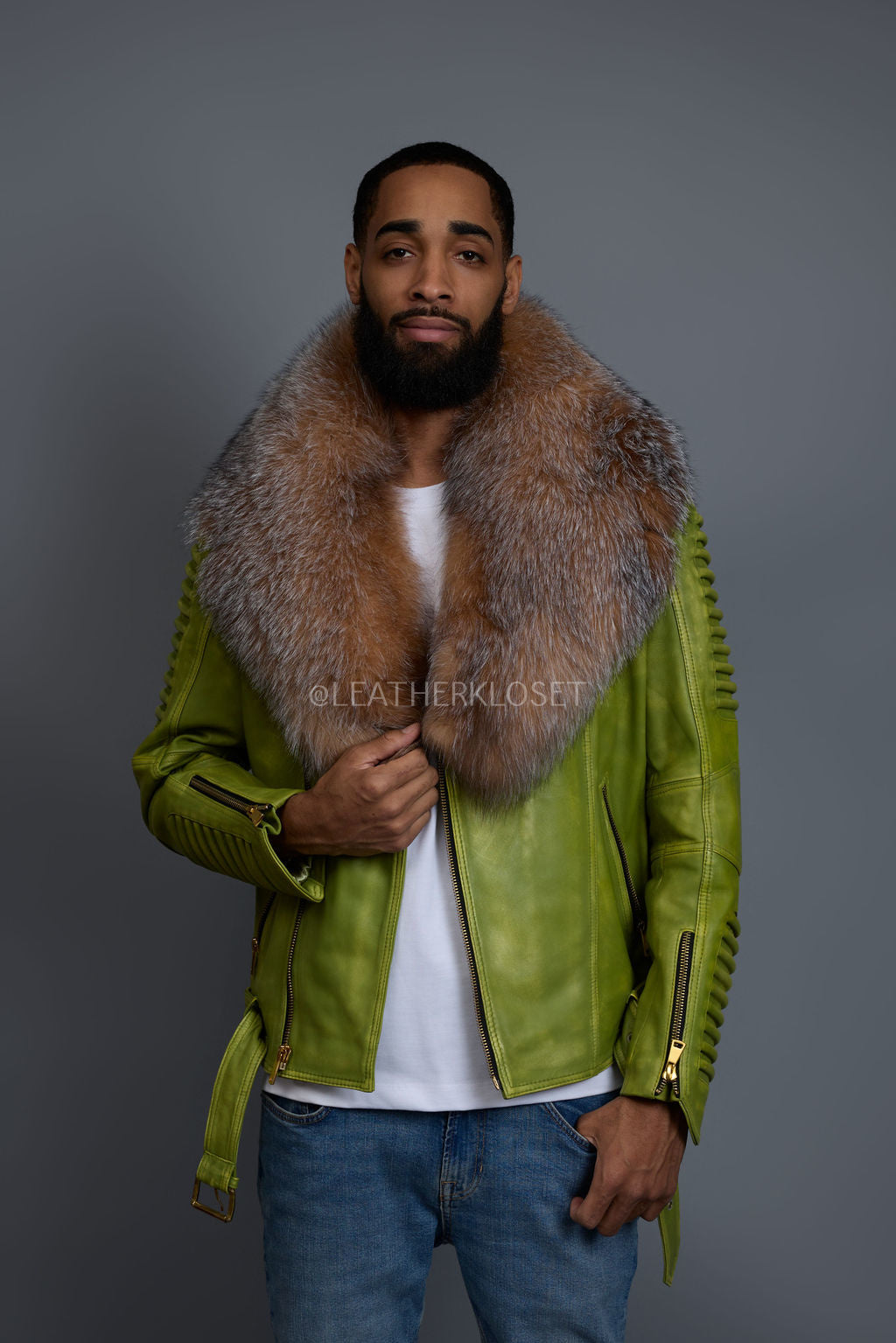 Men's Trey Biker Distressed Green Leather Full Fox Fur Collar [Crystal]