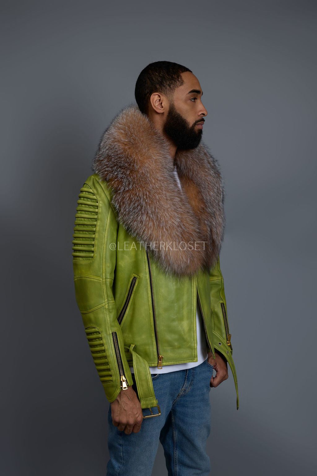 Men's Trey Biker Distressed Green Leather Full Fox Fur Collar [Crystal]